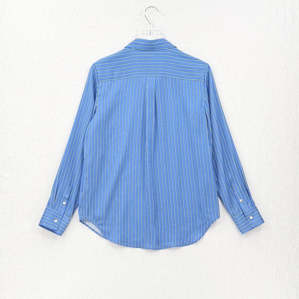 QUINCE Washable Stretch Silk Blouse Women Medium Blue Striped Lapis Horizon - Picture 6 of 16